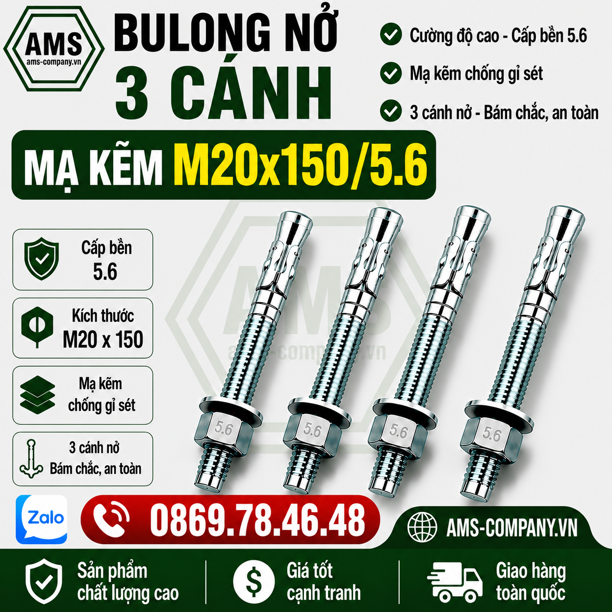 Bulong nở mạ kẽm M20 x150/5.6