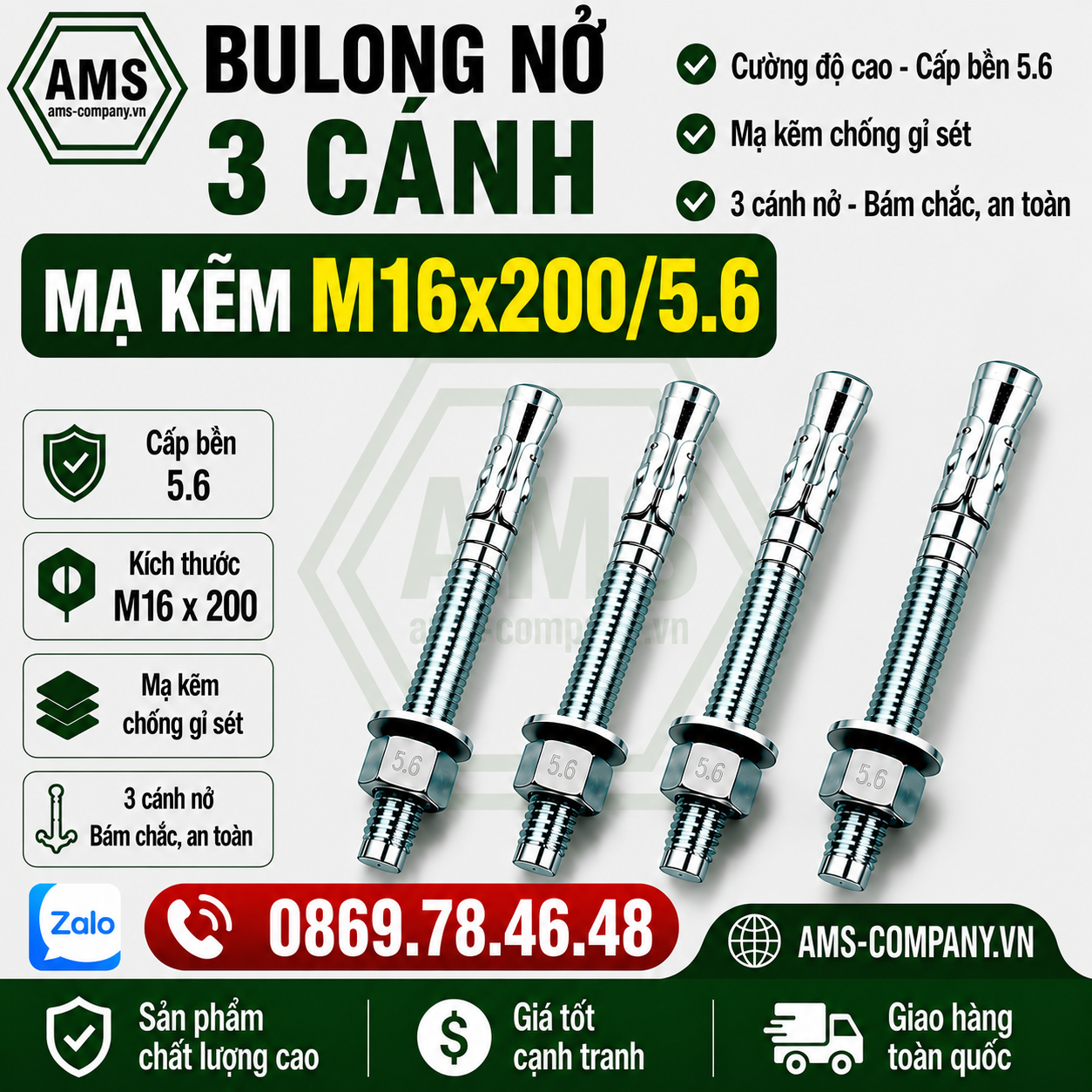 Bu Lông Nở 3 Cánh Mạ Kẽm M16x200/5.6