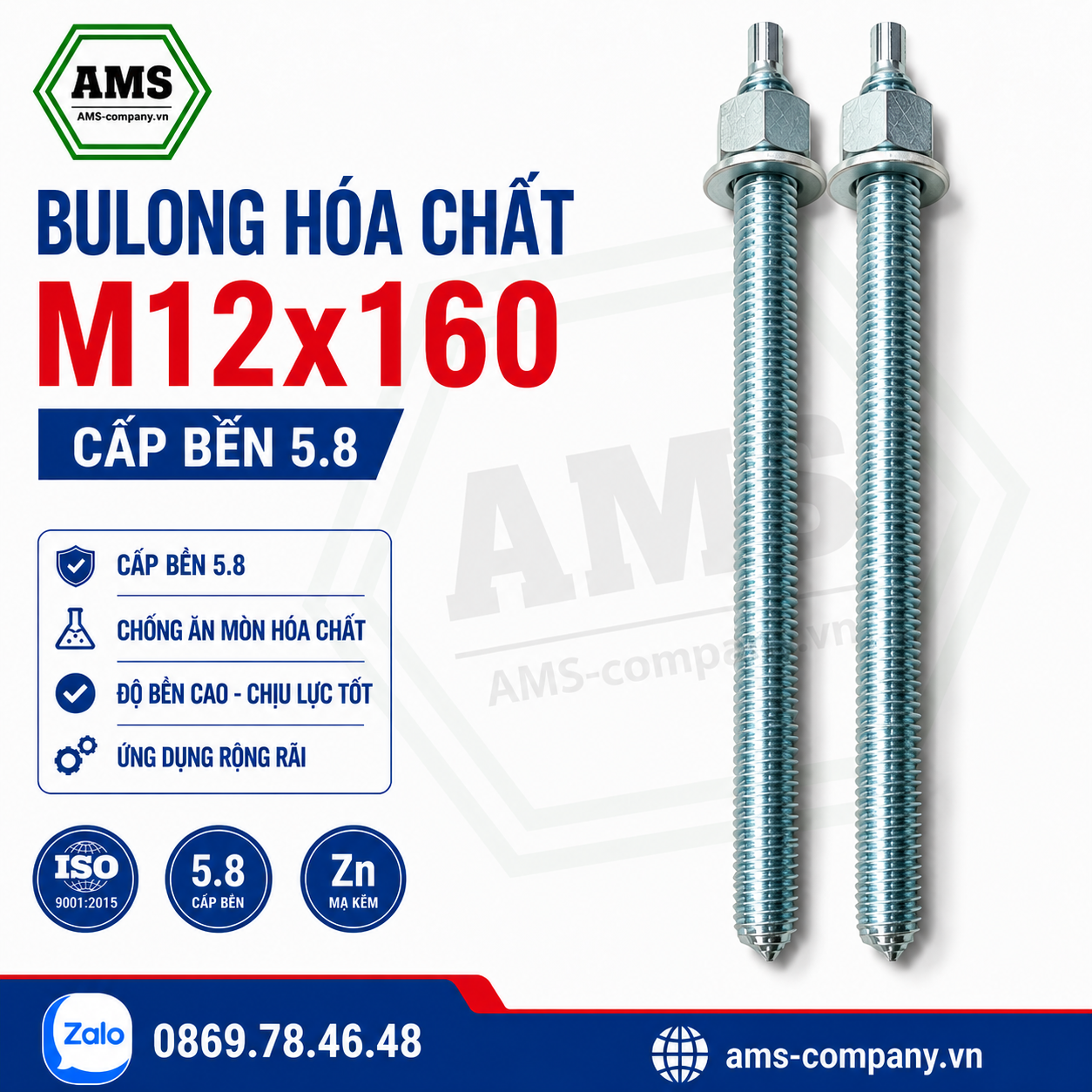 Bu Lông Hóa Chất M12x160 Cấp Bền 5.8