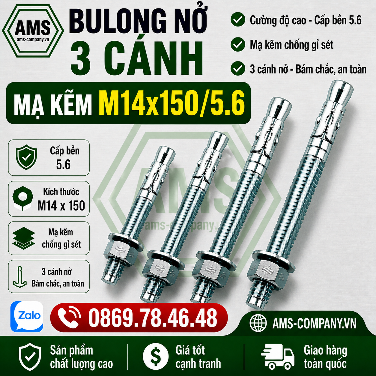 Bulong Nở 3 Cánh Mạ Kẽm M14x150/5.6