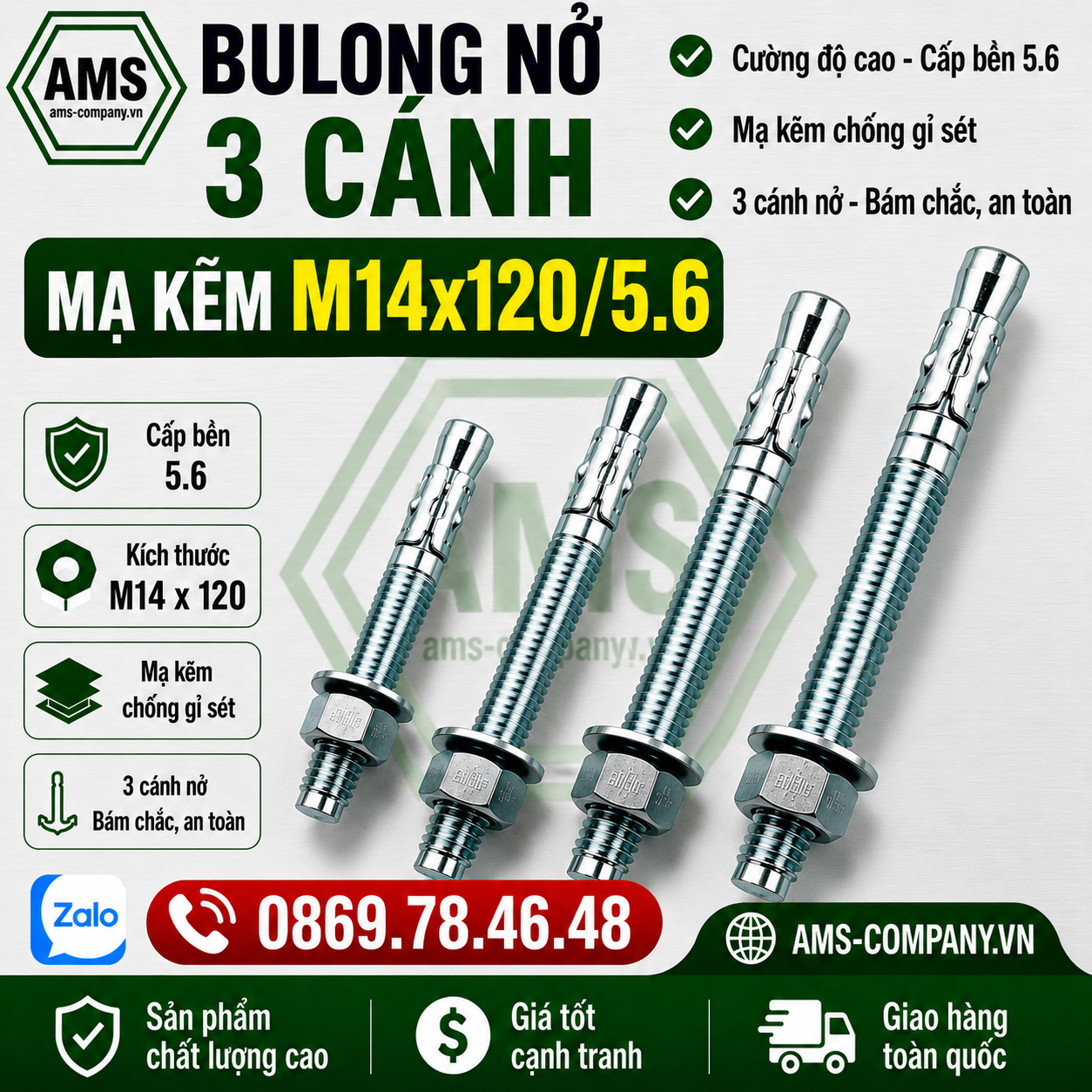 Bu Lông Nở 3 Cánh Mạ Kẽm M14x120/5.6