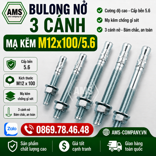Bu Lông Nở 3 Cánh Mạ Kẽm M12x100/5.6