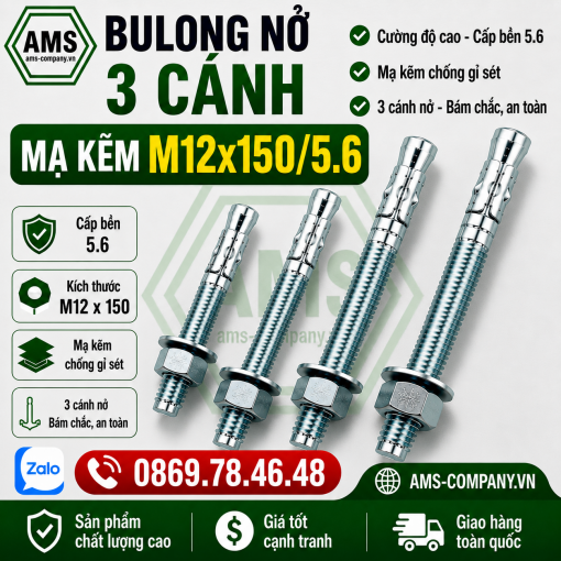 Bulong nở 3 cánh mạ kẽm M12x150/5.6