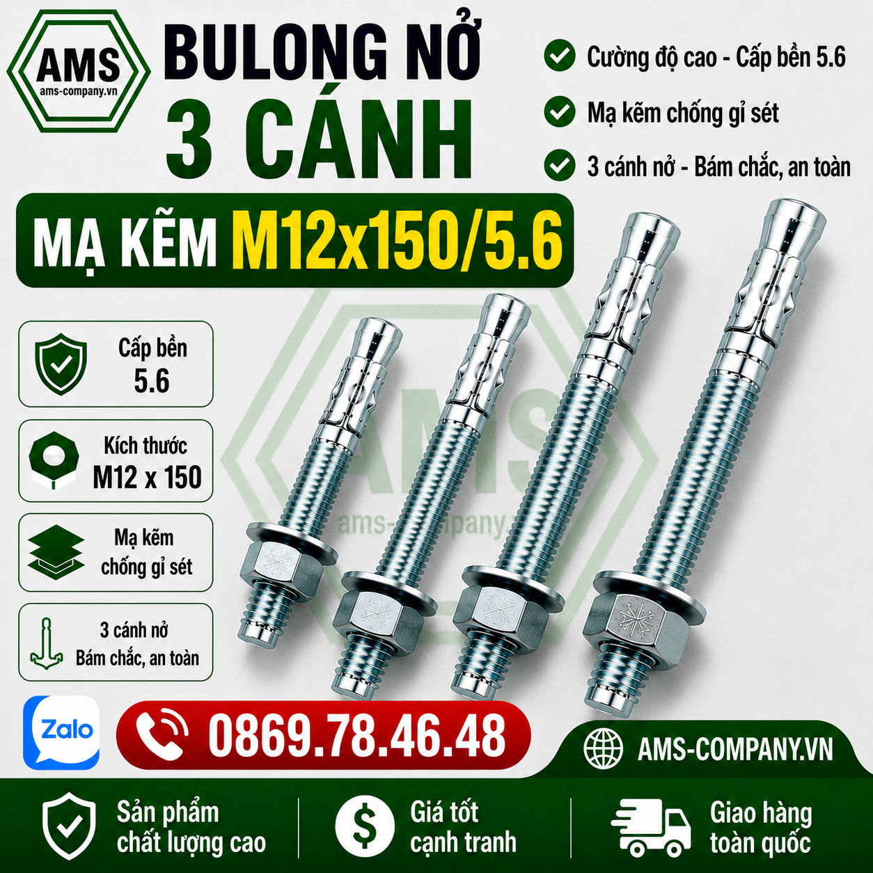Bulong nở 3 cánh mạ kẽm M12x150/5.6