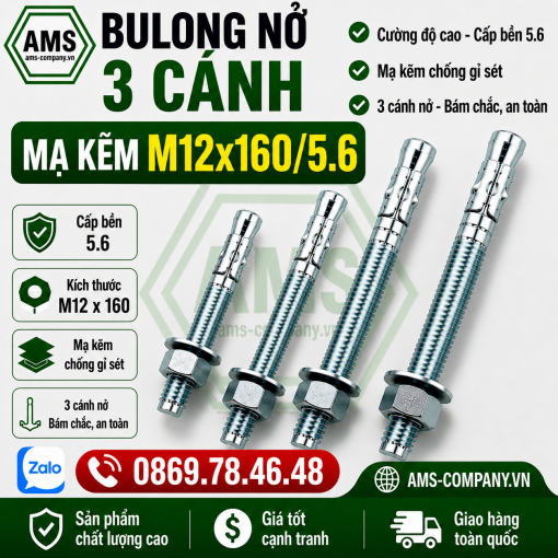 Bulong nở 3 cánh mạ kẽm M12 x160/5.6