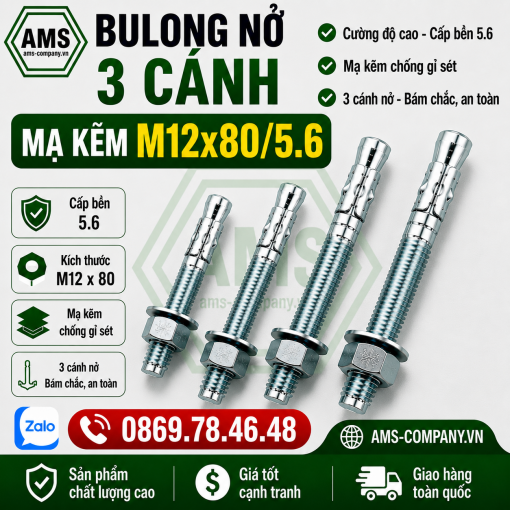 Bu Lông Nở 3 Cánh Mạ Kẽm M12x80/5.6