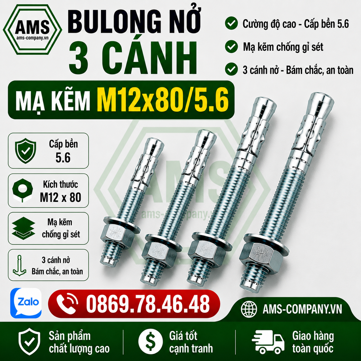 Bu Lông Nở 3 Cánh Mạ Kẽm M12x80/5.6