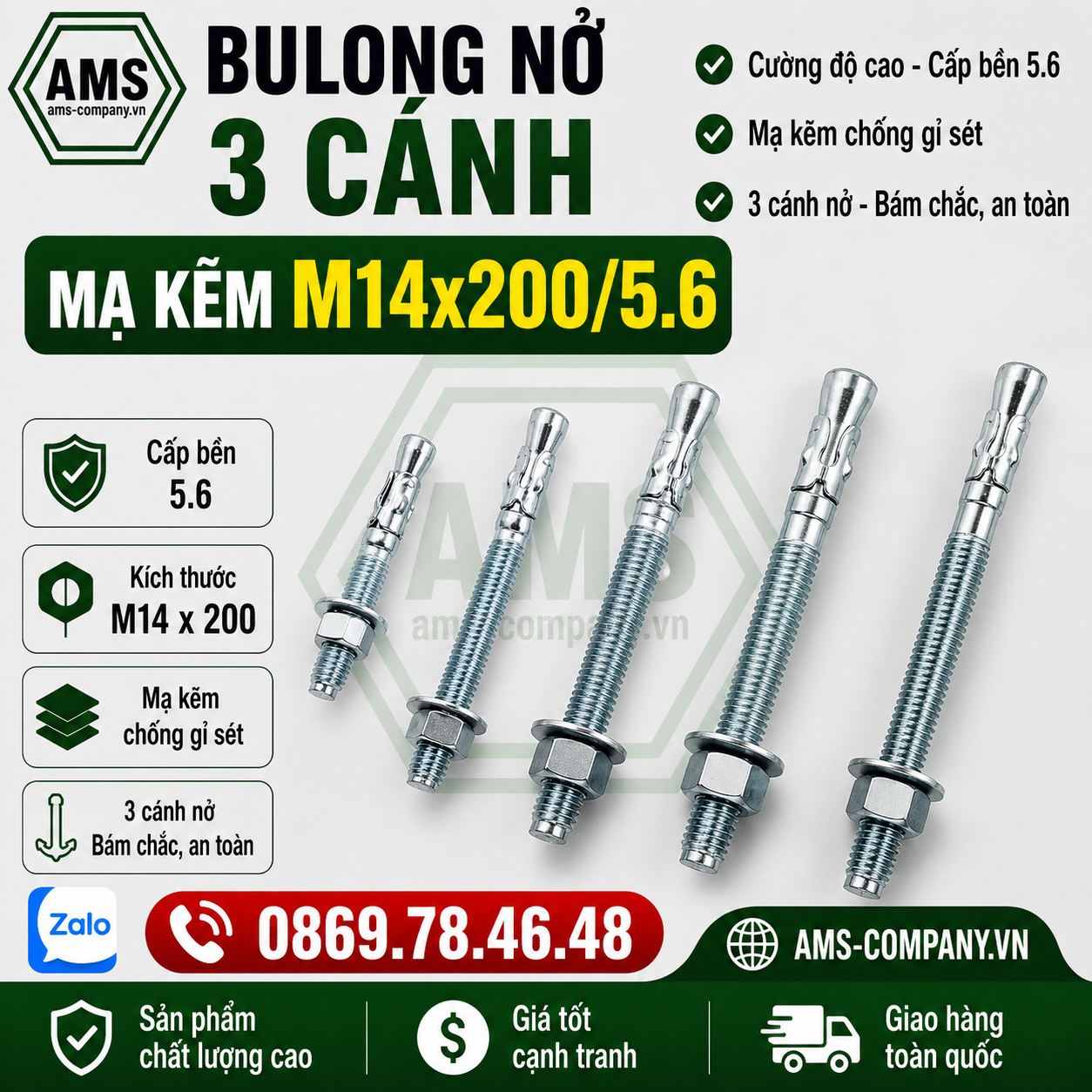 Bu Lông Nở 3 Cánh Mạ Kẽm M14x200/5.6