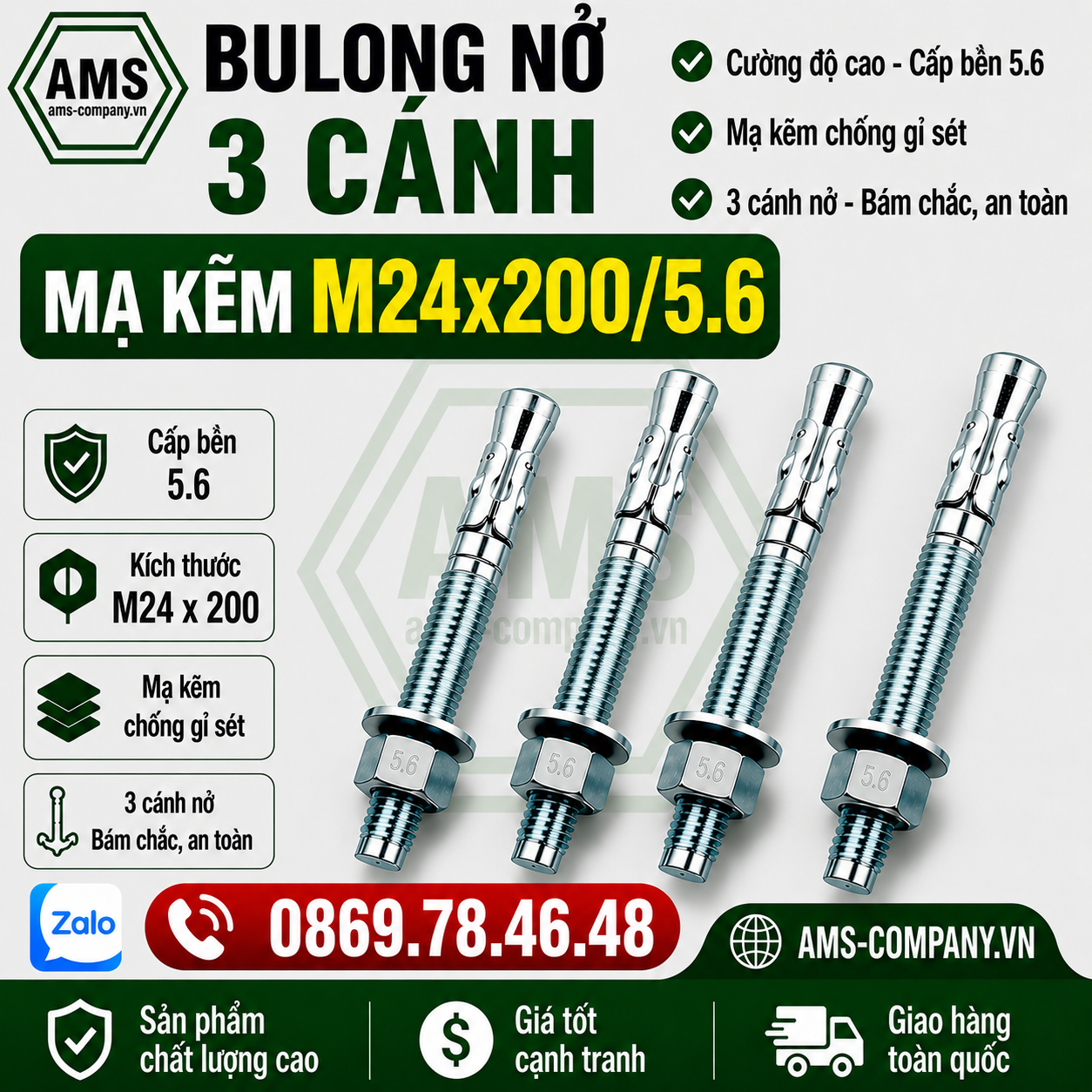 Bu Lông Nở 3 Cánh Mạ Kẽm M24x200/8.8