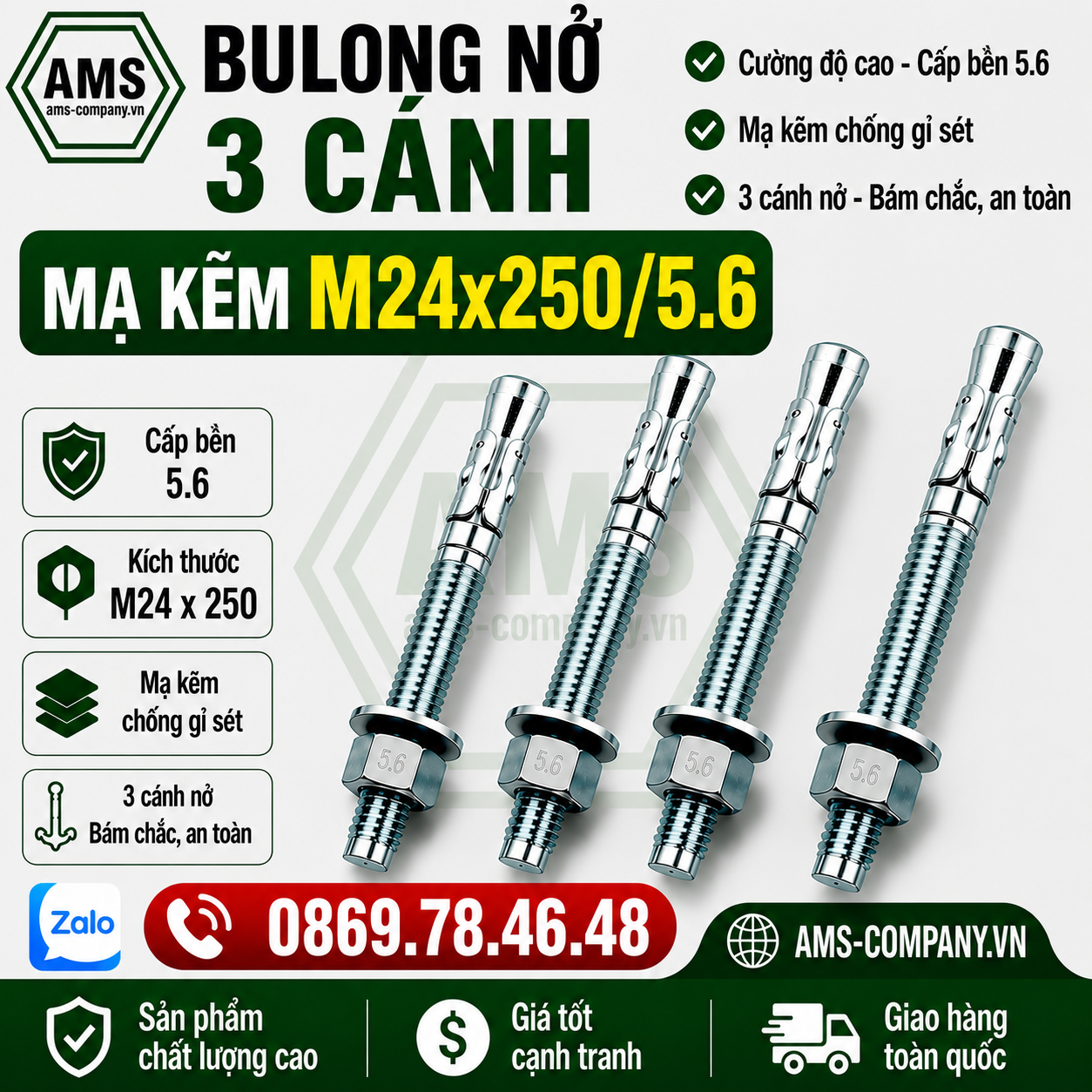 Bu Lông Nở 3 Cánh Mạ Kẽm M24x250/8.8