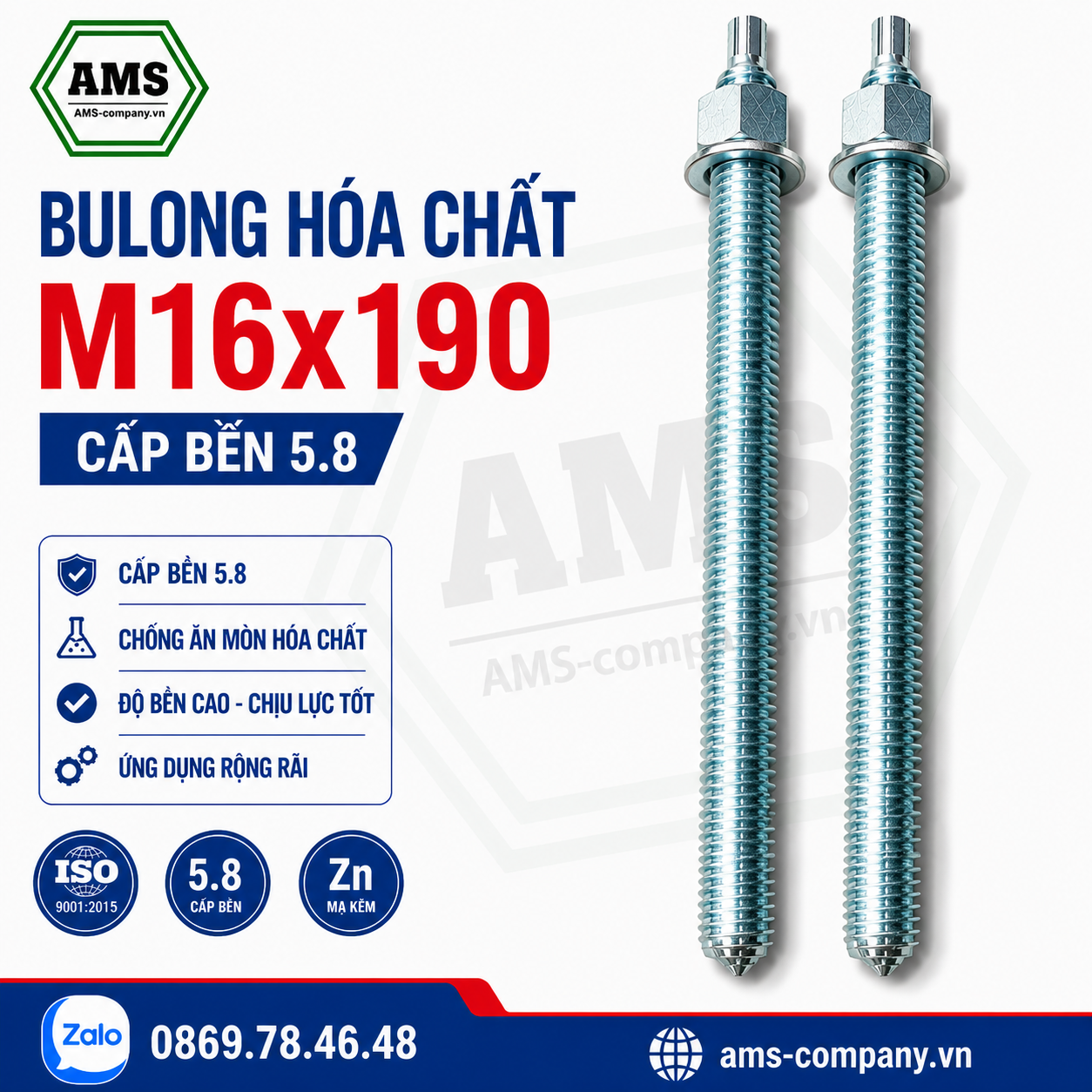 Bulong hoá chất M16x190 Cấp Bền 5.8