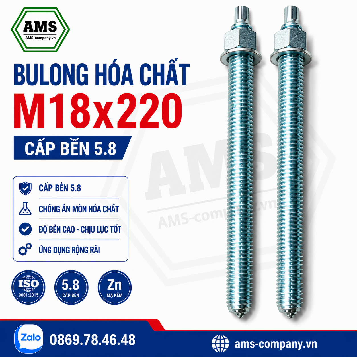Bu Lông Hóa Chất M18x220 Cấp Bền 5.8