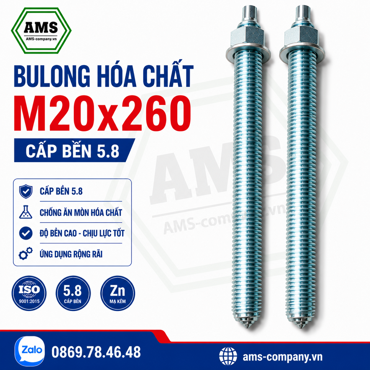 Bu Lông Hóa Chất M20x260 Cấp Bền 5.8