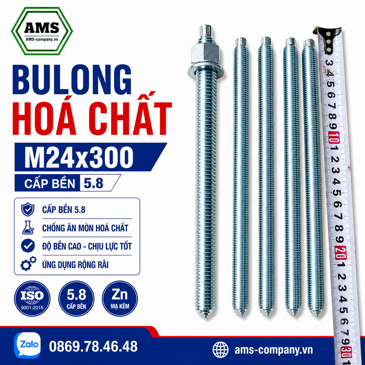 Bu Lông Hóa Chất M24x300 Cấp Bền 5.8