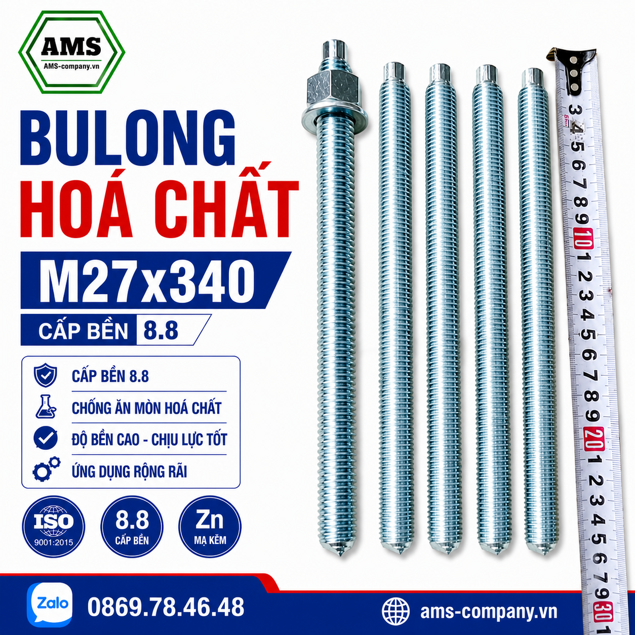 Bu Lông Hóa Chất M27x340 Cấp Bền 8.8