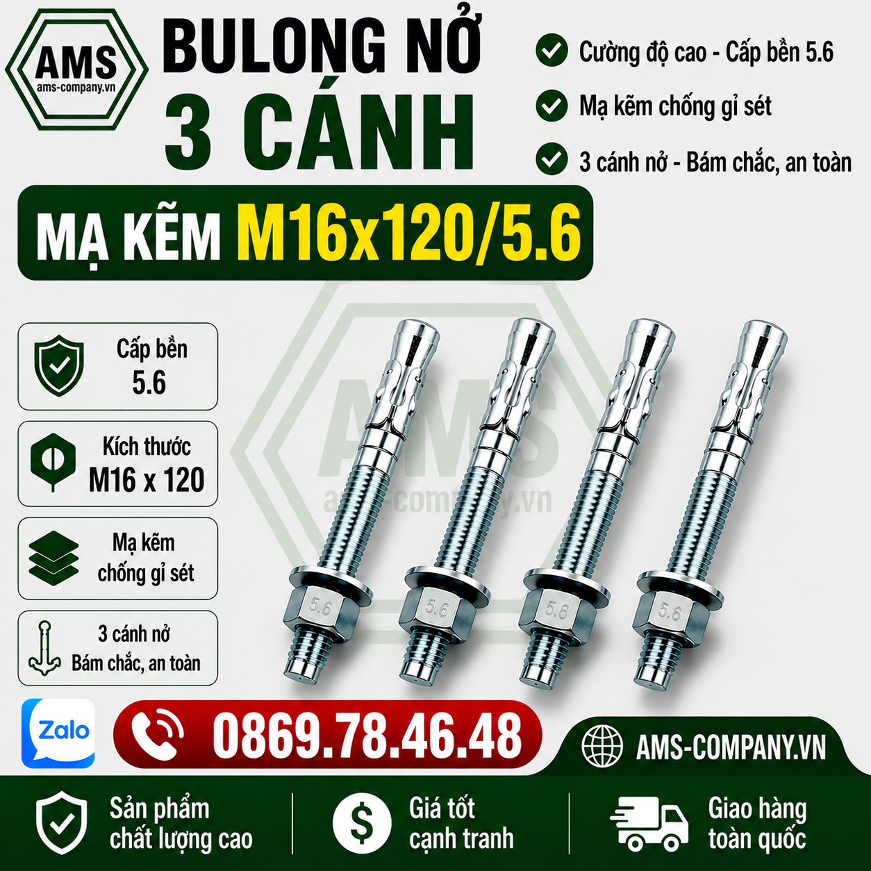 Bu Lông Nở 3 Cánh Mạ Kẽm M16x120/5.6
