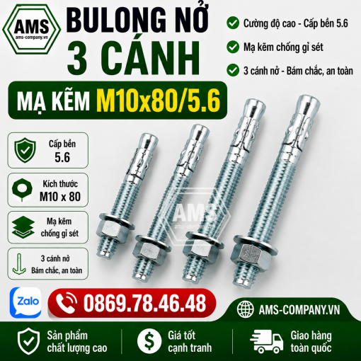 Bu Lông Nở 3 Cánh Mạ Kẽm M10x80/5.6