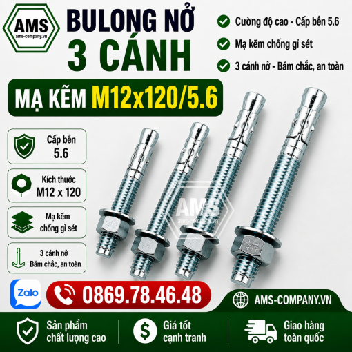 Bu Lông Nở 3 Cánh Mạ Kẽm M12x120/5.6