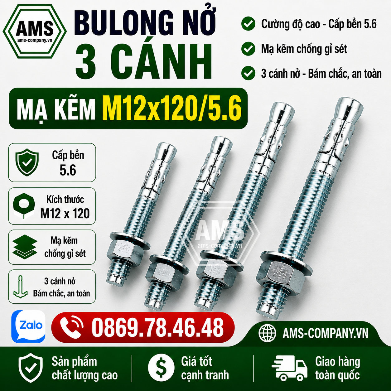 Bu Lông Nở 3 Cánh Mạ Kẽm M12x120/5.6