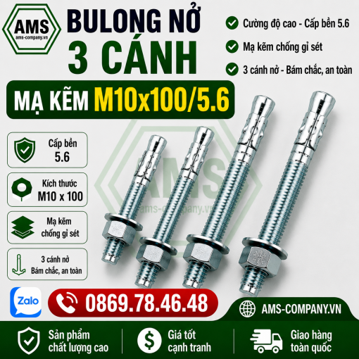 Bulong nở 3 cánh mạ kẽm M10x100/5.6