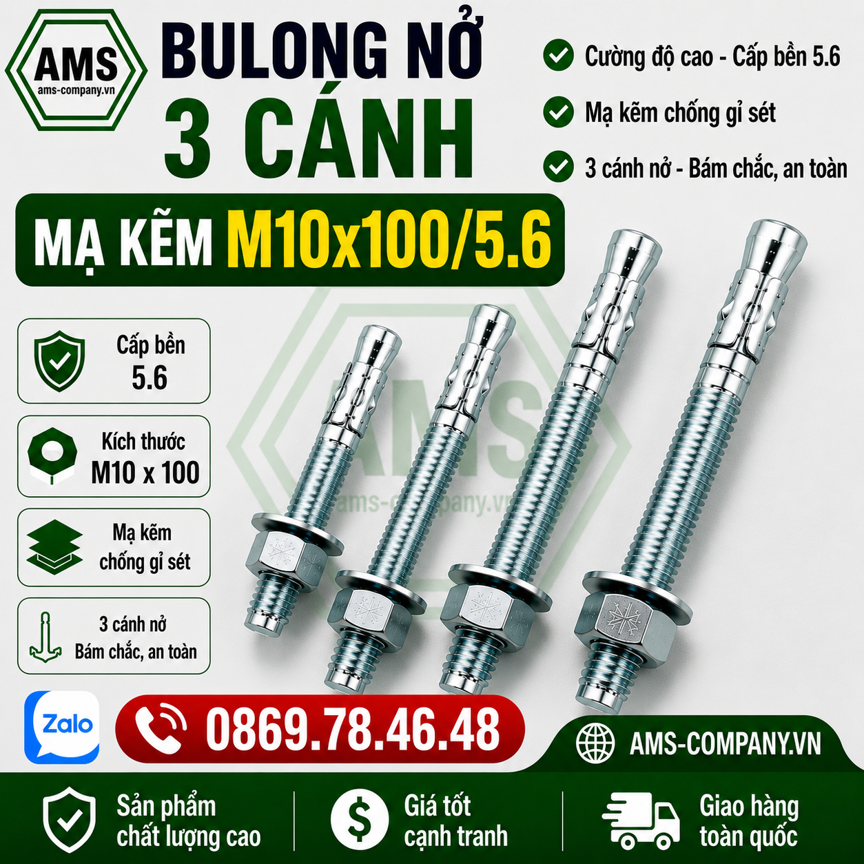 Bulong nở 3 cánh mạ kẽm M10x100/5.6