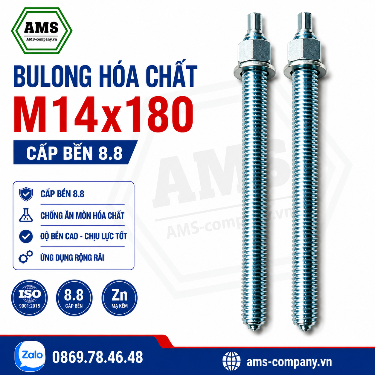 Bu Lông Hóa Chất M14x180 Cấp Bền 8.8