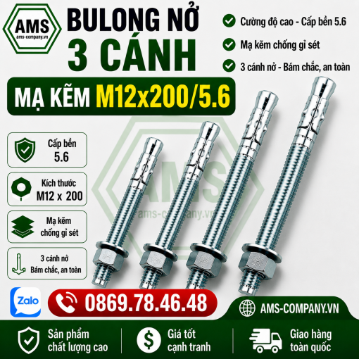 Bulong Nở 3 Cánh Mạ Kẽm M12x200/5.6