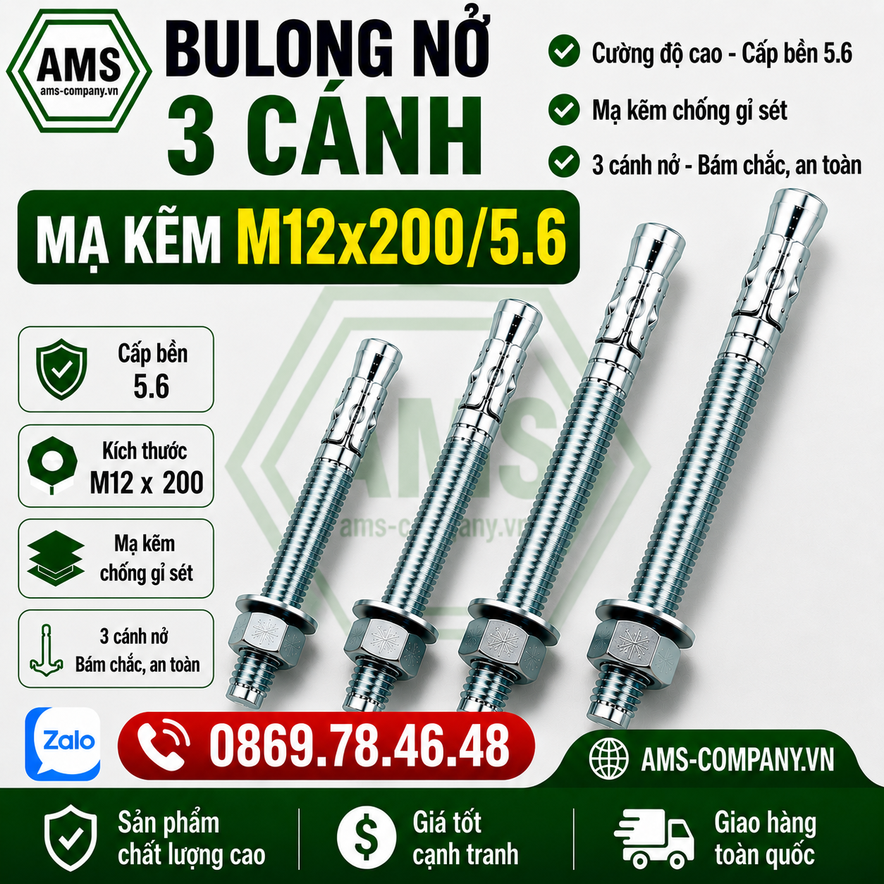 Bulong Nở 3 Cánh Mạ Kẽm M12x200/5.6