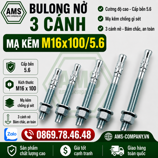 Bulong Nở 3 Cánh Mạ Kẽm M16x100/5.6