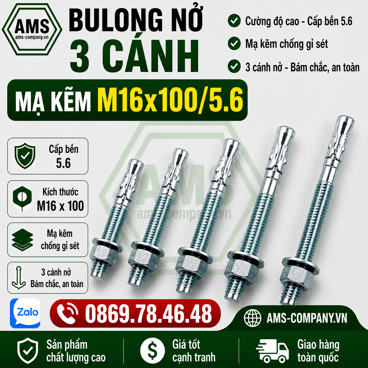 Bulong Nở 3 Cánh Mạ Kẽm M16x100/5.6