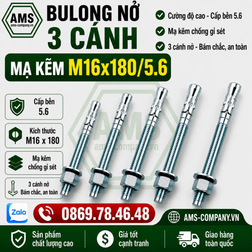 Bulong Nở 3 Cánh Mạ Kẽm M16x180/5.6