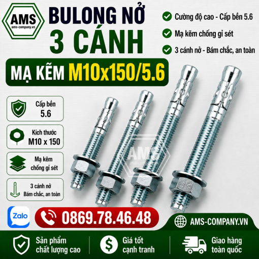 Bulong Nở 3 Cánh Mạ Kẽm M10x150/5.6