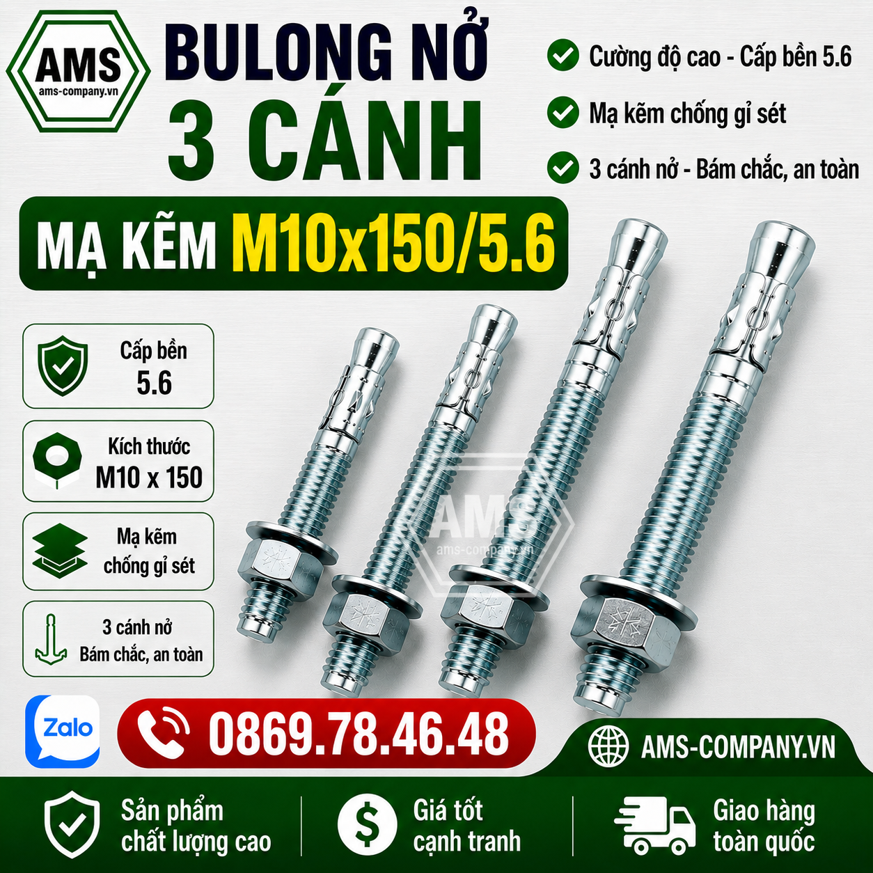 Bulong Nở 3 Cánh Mạ Kẽm M10x150/5.6