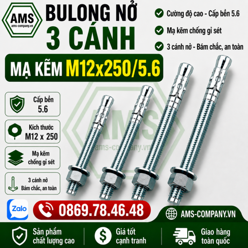 Bu Lông Nở 3 Cánh Mạ Kẽm M12x250/5.6