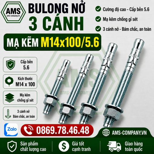 Bu Lông Nở 3 Cánh Mạ Kẽm M14x100/5.6