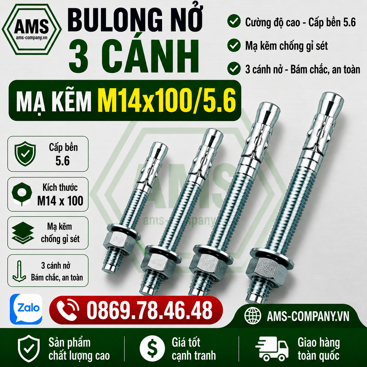 Bu Lông Nở 3 Cánh Mạ Kẽm M14x100/5.6