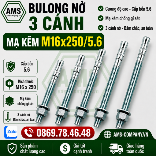 Bu Lông Nở 3 Cánh Mạ Kẽm M16x250 /5.6