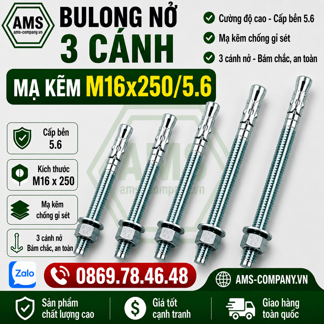 Bu Lông Nở 3 Cánh Mạ Kẽm M16x250 /5.6