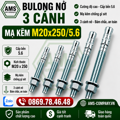 Bu Lông Nở 3 Cánh Mạ Kẽm M20x250/5.6