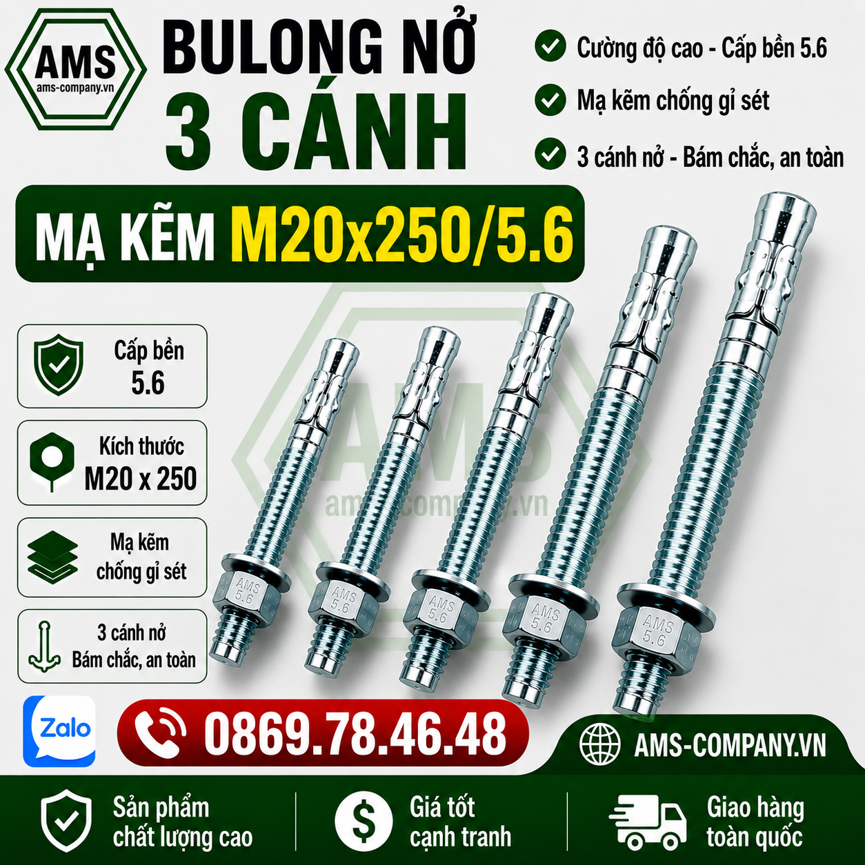 Bu Lông Nở 3 Cánh Mạ Kẽm M20x250/5.6