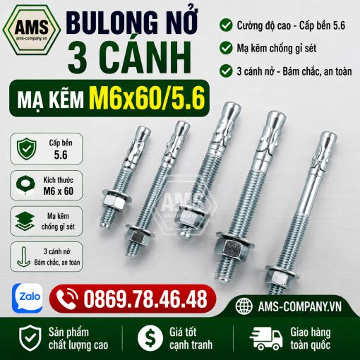 Bulong Nở 3 Cánh Mạ Kẽm M6x60/5.6