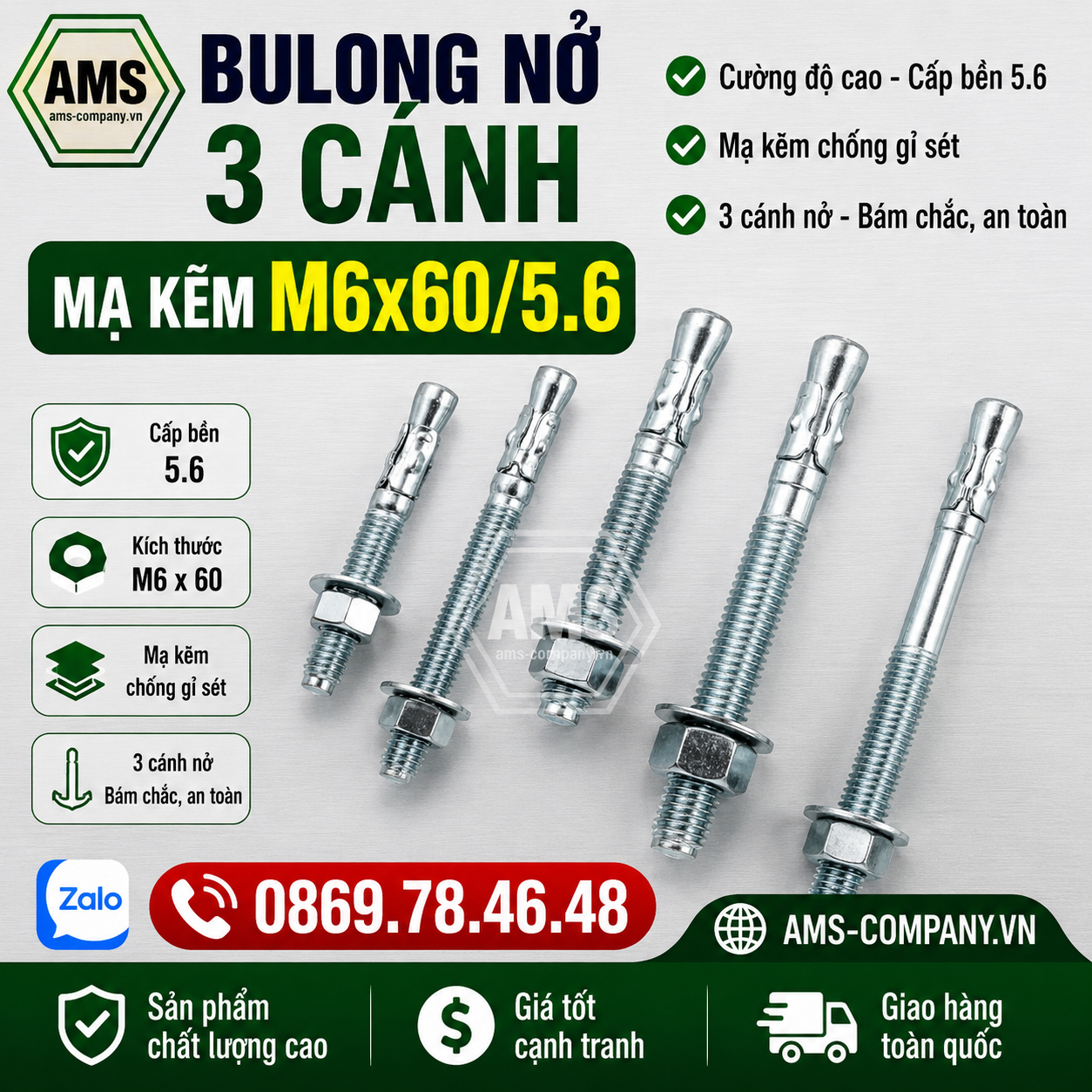 Bulong Nở 3 Cánh Mạ Kẽm M6x60/5.6
