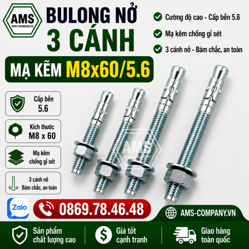 Bulong Nở 3 Cánh Mạ Kẽm M8x60/5.6