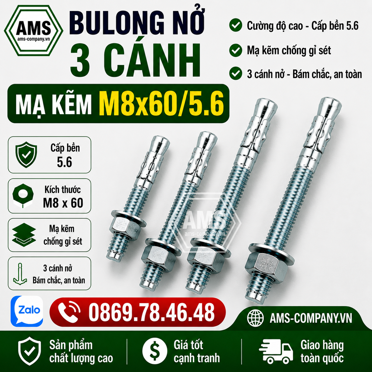 Bulong Nở 3 Cánh Mạ Kẽm M8x60/5.6