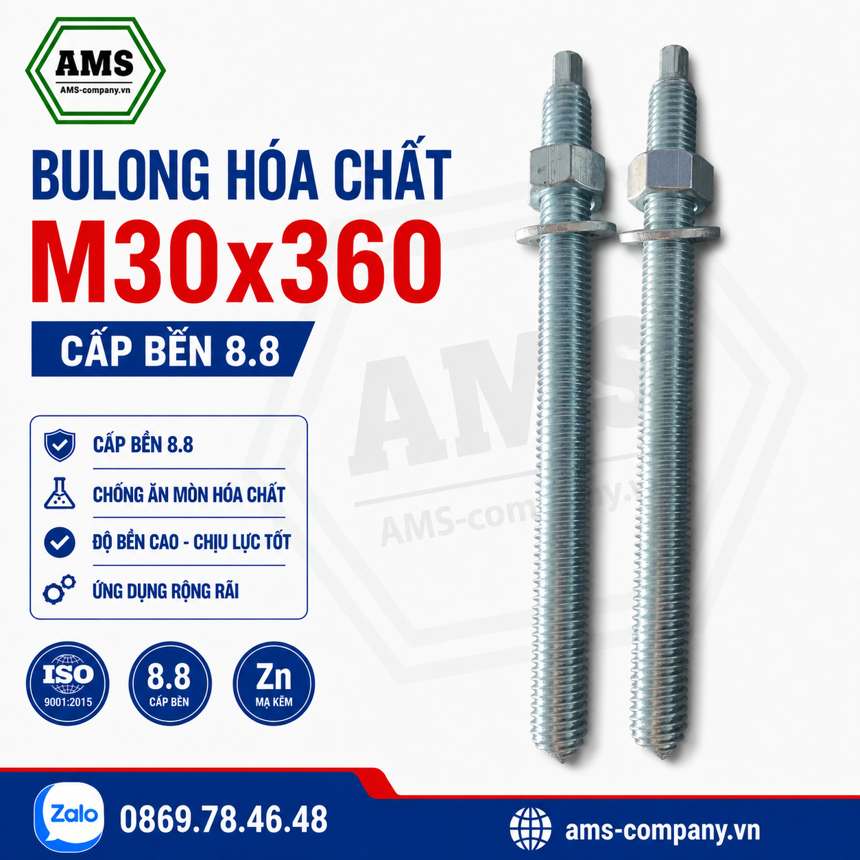 Bulong Hóa chất M30x380 Cấp Bền 8.8