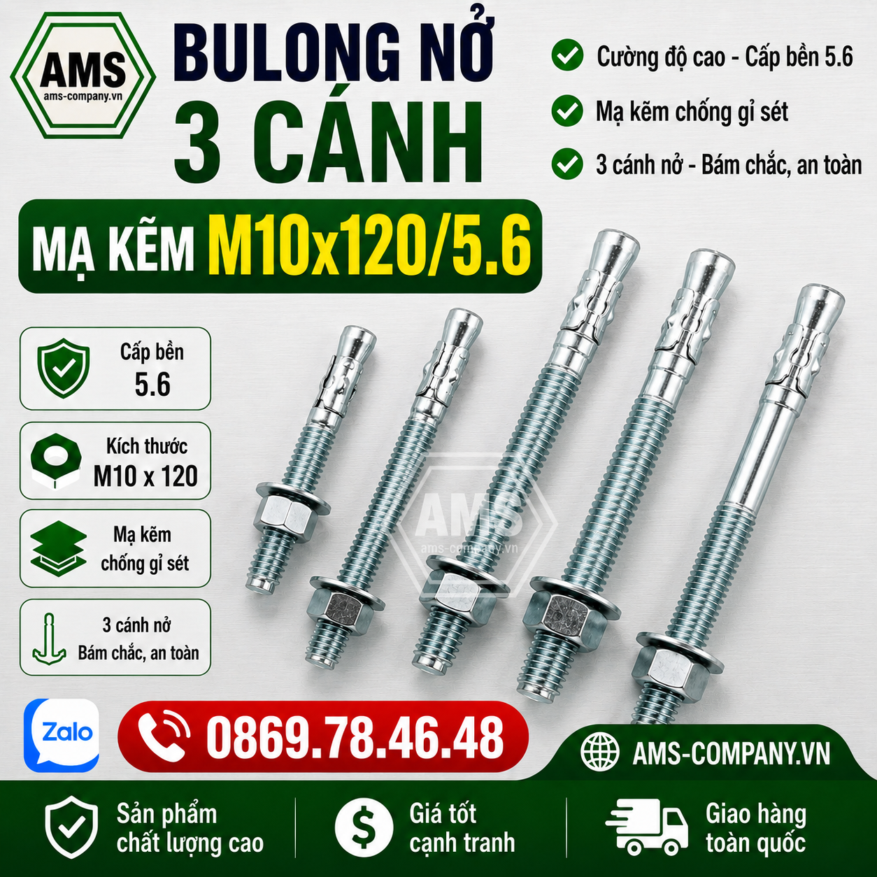 Bulong nở 3 cánh mạ kẽm M10x120/5.6