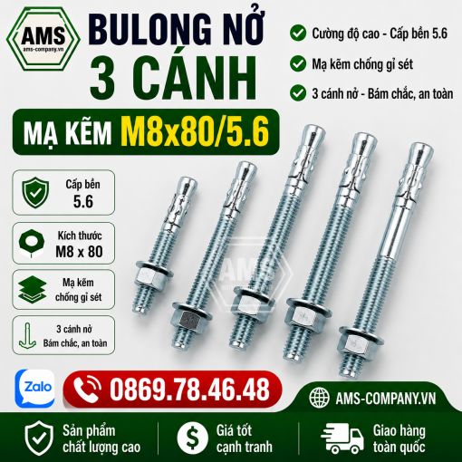 Bulong nở 3 cánh mạ kẽm M8x80/ 5.6