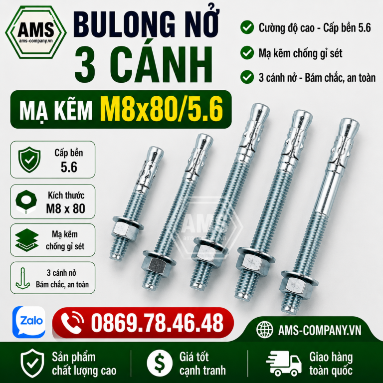 Bulong nở 3 cánh M8 x80/5.6 mạ kẽm - Cấu Tạo, Thông Số