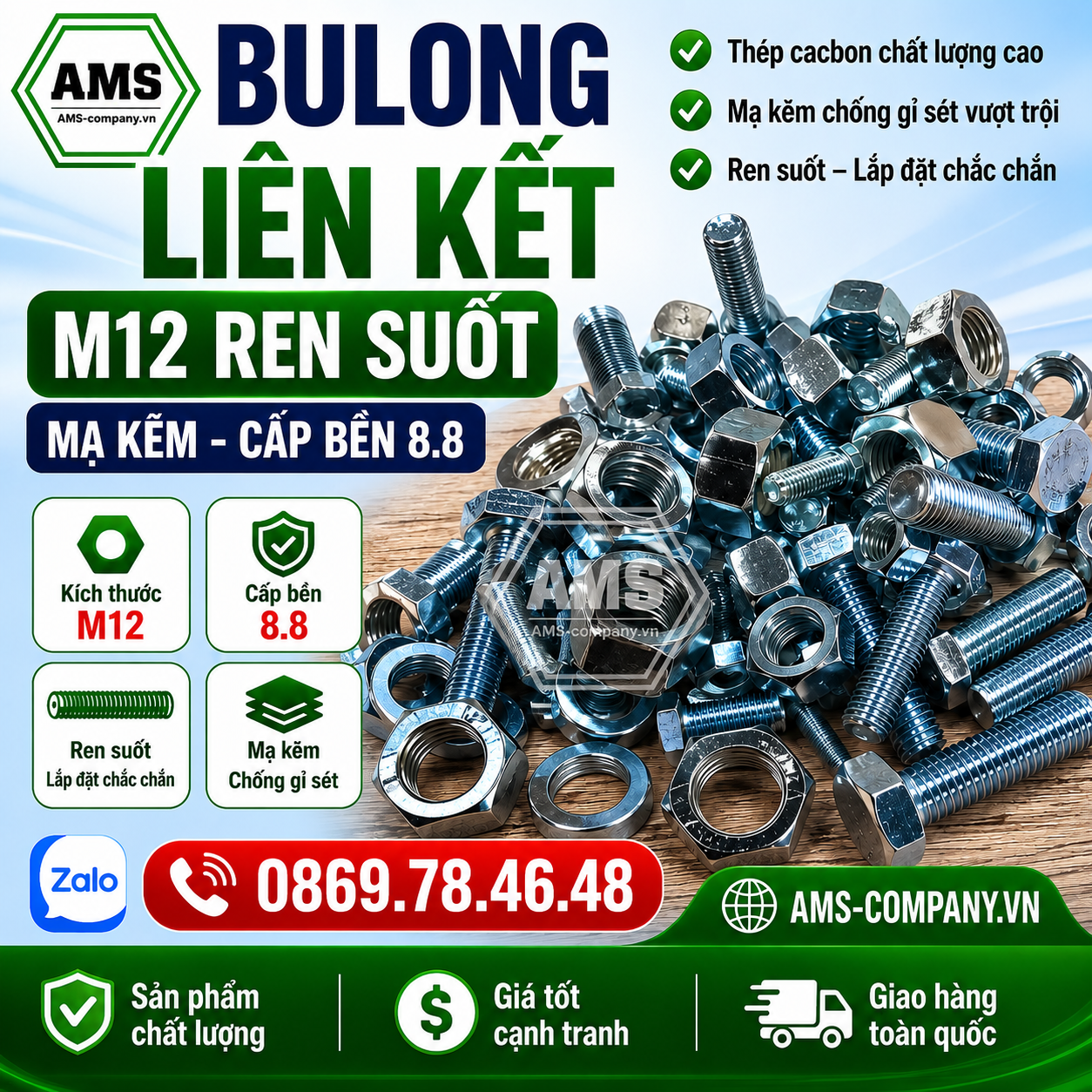 Bulong liên kết M12 cấp bề 8.8 mạ kẽm