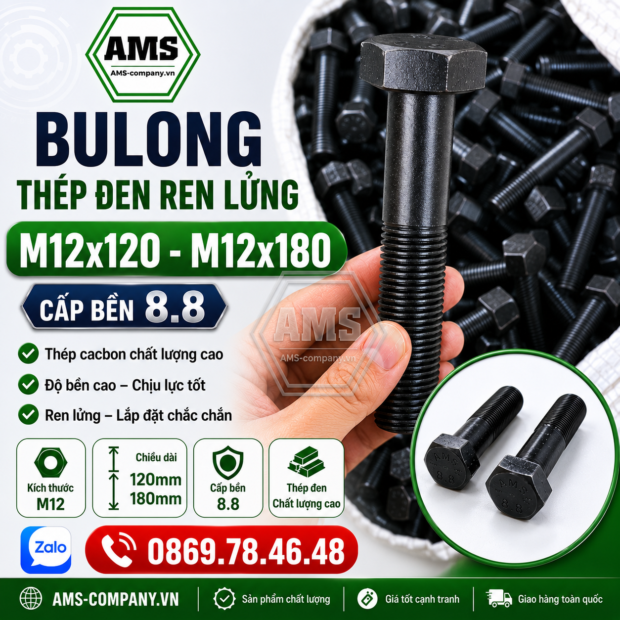 Bulong lục giác ngoài ren lửng đen M12x120 - M12x180/8.8
